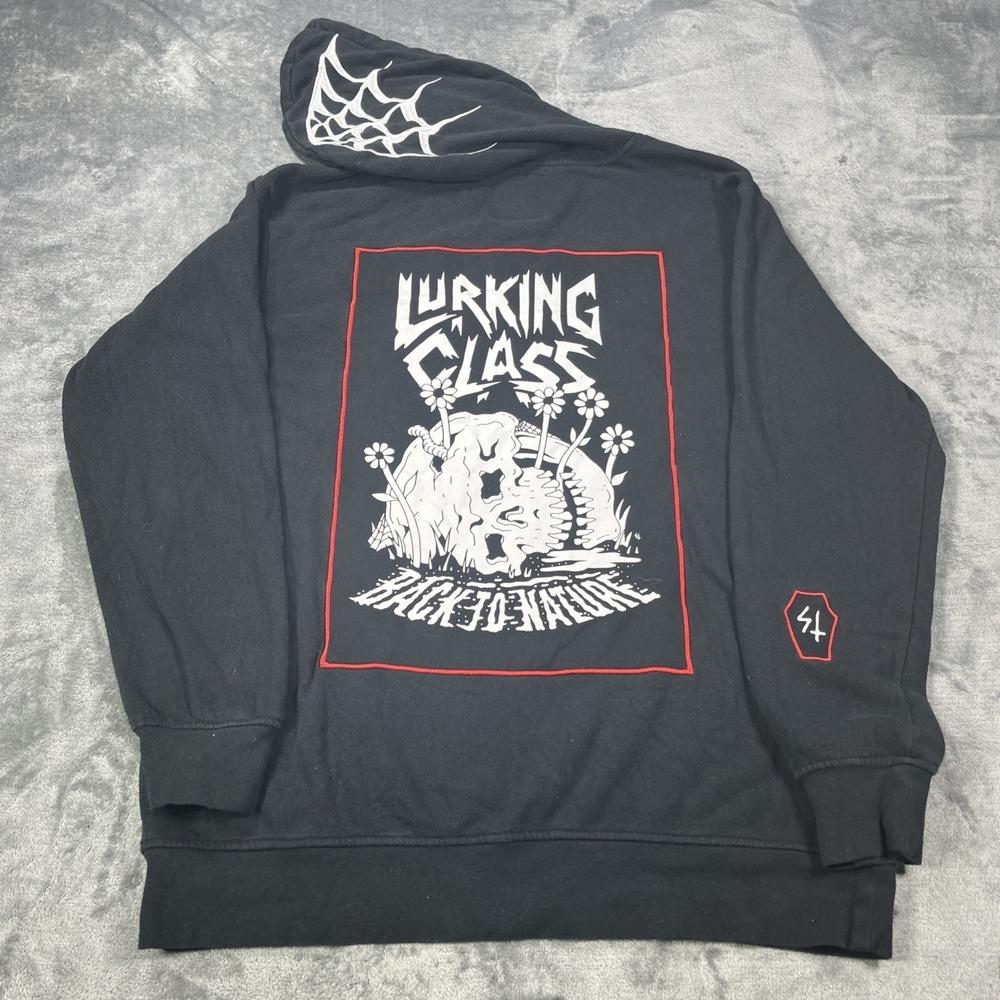 Lurking Class Hoodie Men Medium Black Rare Flames Skeleton Web Hood Logo Gothic